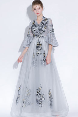 Grey High Neck Embroidery Evening Dress Formal Wear