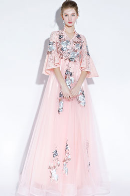 Pink High Neck Embroidery Evening Dress Formal Wear