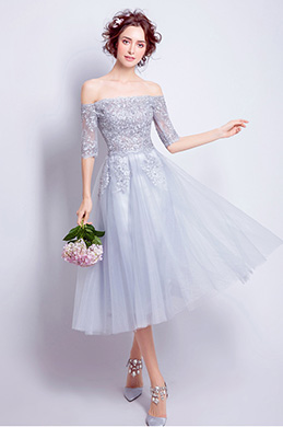 Grey Embroidery OFF-Shoulder Party Evening Dress