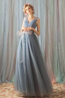 Blue Deep V-Cut Long Tulle Evening Party Dress