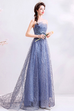 Shiny Grey-Blue Strapless Formal Party Prom Dress