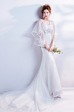 Weiße schiere Lace Cape formale Hochzeit Brautkleid
