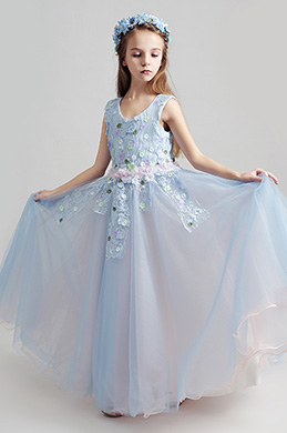 Light Blue Sleeveless Children Wedding Flower Girl Dress