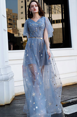 Blue V-Cut Sparkle Sequins Tulle Party Prom Dress