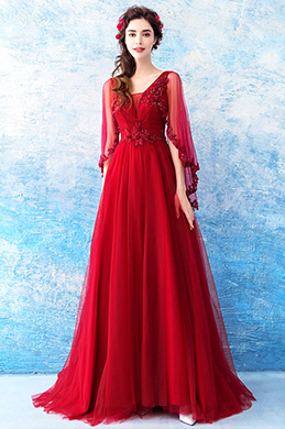 Sexy V-Cut Sleeves Long Formal Party Prom Dress