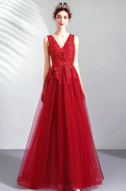 Red V-Cut Lace Appliques Tulle Elegant Party Dress