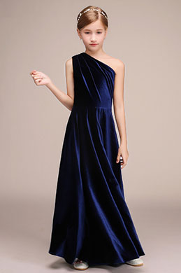 Blue Velvet One Shoulder Princess Flower Girl Dress