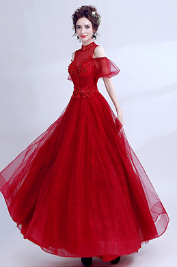 Red High Neck Off Shoulder Tulle Party Prom Dress