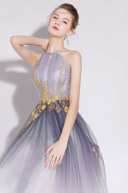 Sexy Grey Halter Embroidery Tulle Party Prom Dress