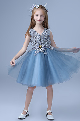 Vestido de Niña de las Flores de la Boda sin Mangas Azul