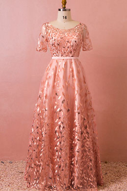 Long Pink Short Sleeves Plus Size Dress Evening Dress