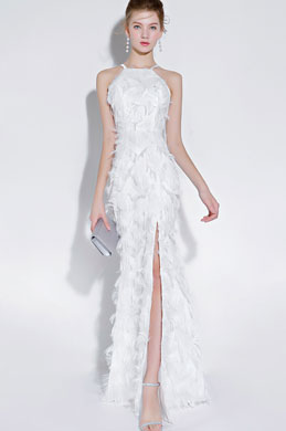 Robe de Soirée à Licou Blanc Fendue Haute