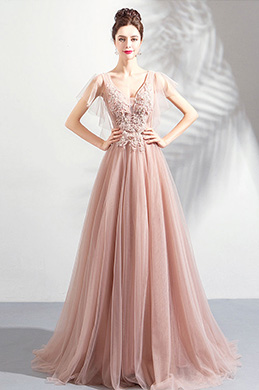 Neues V-Ausschnitt Tüll Ball Party Abendkleid