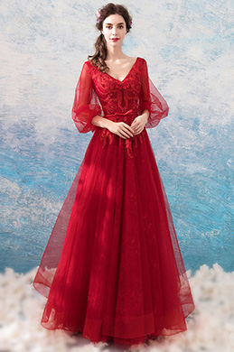 Red V-Cut Sleeves Elegant Women Evening Party Dress