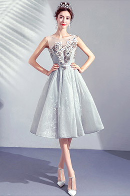 Grey Lace  Illusion Neck Embroidery Party Ball Dress