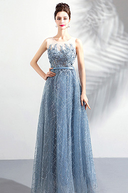 New Grey-Blue Elegant Emboridery Sparkle Formal Dress