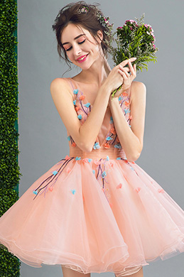 Barbie-Pink V-Cut Short Tulle Cocktail Party Dress