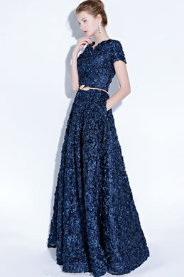 Blau kurz Ärmeln Blumen lange Party Ball Abendkleid