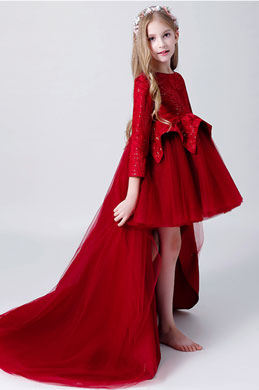 Burgundy 3/4 Sleeves Flower Girl Dress