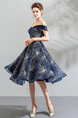 Blue Off Shoulder Sparkle Sleeves Short Party Dress
