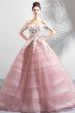 Sexy Off Shoulder Pink Puffy Party Ball Gown Dress