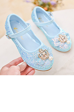 Girl's Crown Sequin Round Toe Leather Flat Heel Flower Girl Shoes