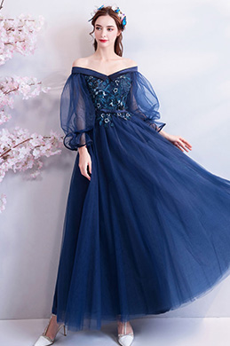 Dark Blue OFF Shoulder Embroidery Women Party Dress