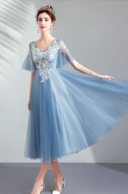 Robe de Soirée Bleu En tulle et Dentelles à Manches