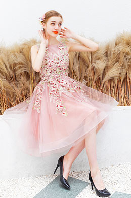 Pink Floral Embroidery Short Cocktail Party Dress