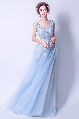 Light Blue V-Cut Beaded Tulle Women Party Dress