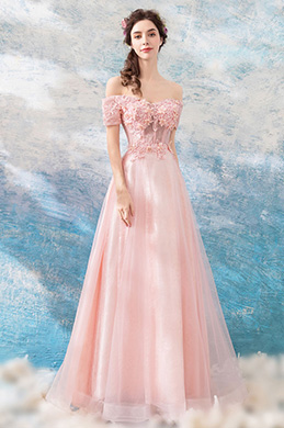 Pink OFF Shoulder Embroidery Party Ball Gown