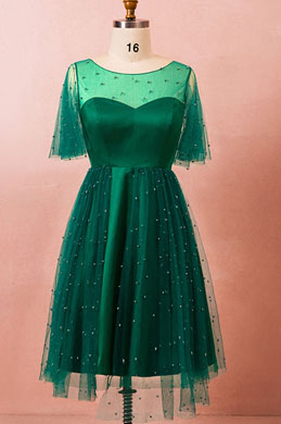 Green Plus Size Short Sleeves Beadings Cocktail Dress