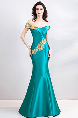 Grün mit Goldener Spitze Meerjungfrau Party Kleid