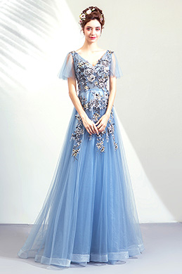 Vestido de fiesta de la bola del bordado de corte v azul