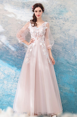 Robe de Soirée Longue En Tulle à Manches Longues
