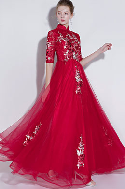Hoher Hals Rot Spitze Abendkleid Formal Party Kleid