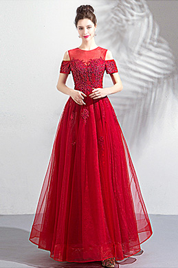 Red Unique Neck OFF Shoulder Tulle Party Dress