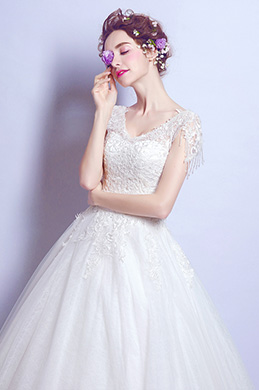 V-Cut кружева аппликации формальное свадебное платье невесты