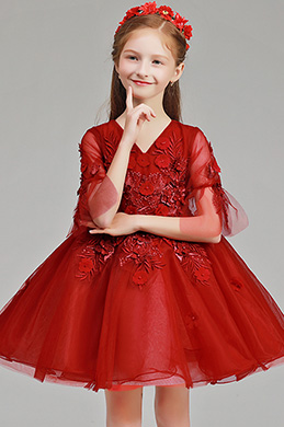 Lovely Red Floral Princess Flower Girl Stage Dress