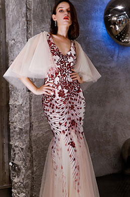 Sexy Red V-Cut Beaded Mermaid Party Ball Dress