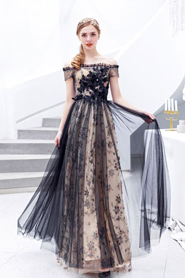 Sexy Black Off Shoulder Sheer Tulle Party Prom Dress