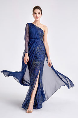 New Blue one Sleeve Sparkle Prom Evening Dress