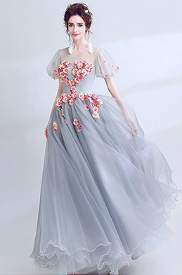Graue Blumenärmel Pary Abschlussball Abendkleid