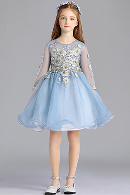 Blue Long Sleeves Cute Wedding Flower Girl Party Dress