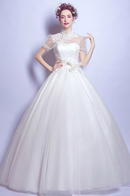 Elegantes Stehkragen Perlen Spitze Brautkleid