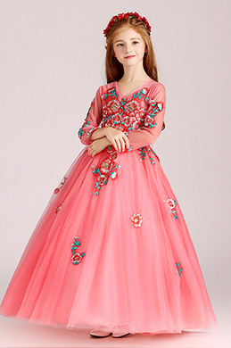 Coral Embroidery Long Sleeves Wedding Flower Girl Party Dress