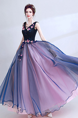 Blau Sexy V-Ausschnitt Blumen Elegantes Party Kleid