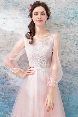 Rosa Ärmel Tee Länge Tüll Party Abendkleid