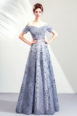 Sexy Grey Off Shoulder Beaded Party Formal Gown