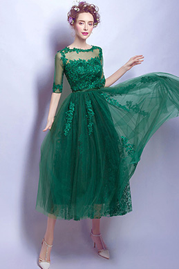 Green Lace Appliques Short Sleeves Party Prom Dress